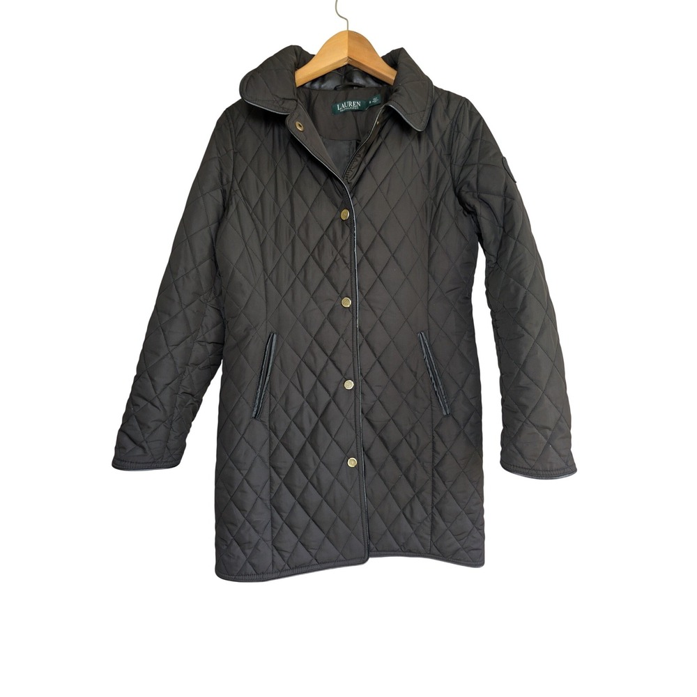 LAUREN RALPH LAUREN Quilted Barn Jacket Womens S Black Faux Leather Trim Classic